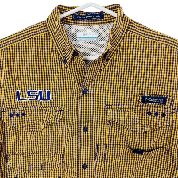 Columbia PFG Super Bonehead Fishing Shirt LSU Tigers Plaid Mens Sz S Gold Purple - Picture 2 of 8